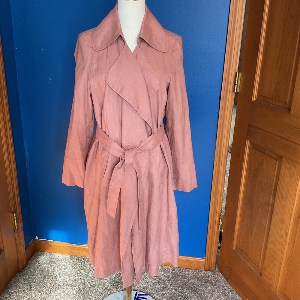 Catherine Malandrino Dusty Rose Belted Trench Coat 100% Linen Size Small